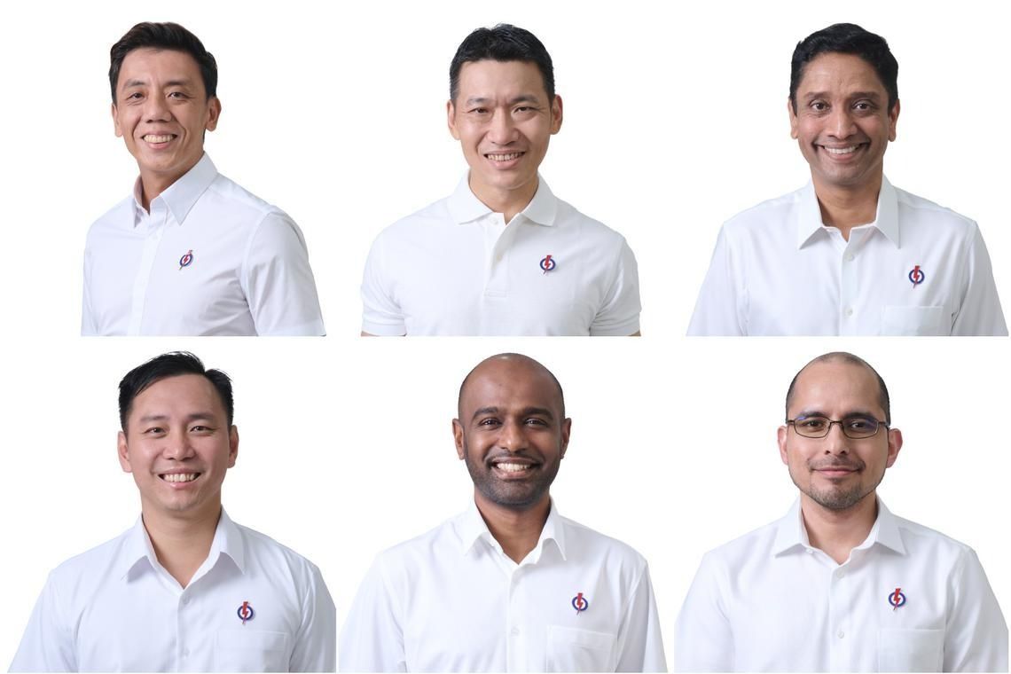 (Clockwise from top left) Chua Chu Kang GRC MP Jeffrey Siow, Tampines GRC MP David Neo, East Coast GRC MP Dinesh Vasu Dash, Nee Soon GRC MP Syed Harun Alhabsyi, West Coast-Jurong West GRC MP Hamid Razak and Marine Parade-Braddell Heights GRC Goh Pei Ming. - PAP