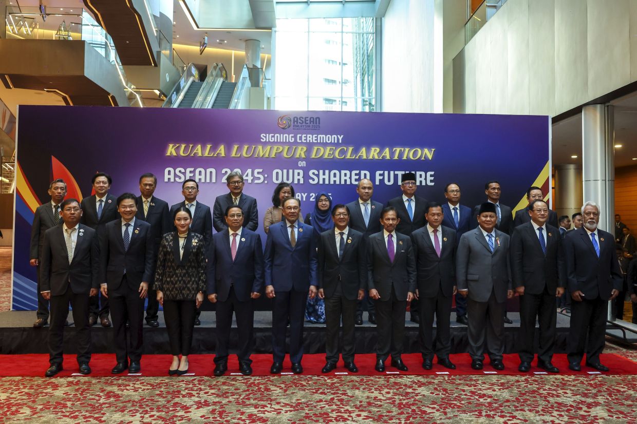 KUALA LUMPUR, Monday, May 26: Prime Minister Datuk Seri Anwar Ibrahim (front, fifth left) poses for a group photo after the signing ceremony of the Kuala Lumpur Declaration on Asean 2045: Our Shared Future at the 46th Asean Summit at the Kuala Lumpur Convention Centre today.In the front, from left are Myanmar Permanent Secretary Ministry Foreign Affairs Aung Kyaw Moe, Singaporean Prime Minister Lawrence Wong, Thai Prime Minister Paetongtarn Shinawatra and Vietnam’s Prime Minister Pham Minh Chinh.In the front, from right are Timor-Leste’s Prime Minister Xanana Gusmão as an observer, Lao Prime Minister Sonexay Siphandone, Indonesia’s President Prabowo Subianto, Cambodia’s Prime Minister Hun Manet, Sultan of Brunei Sultan Hassanal Bolkiah and Philippine President, Ferdinand Marcos Jr. - Bernama Photo