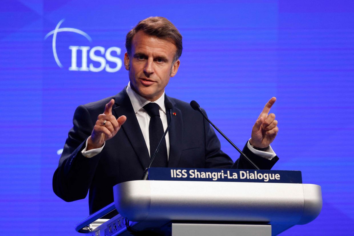 France's President Emmanuel Macron gives the keynote address at the Shangri-La Dialogue Summit in Singapore on Friday, May 30, 2025. -- Photo by Ludovic MARIN / AFP
