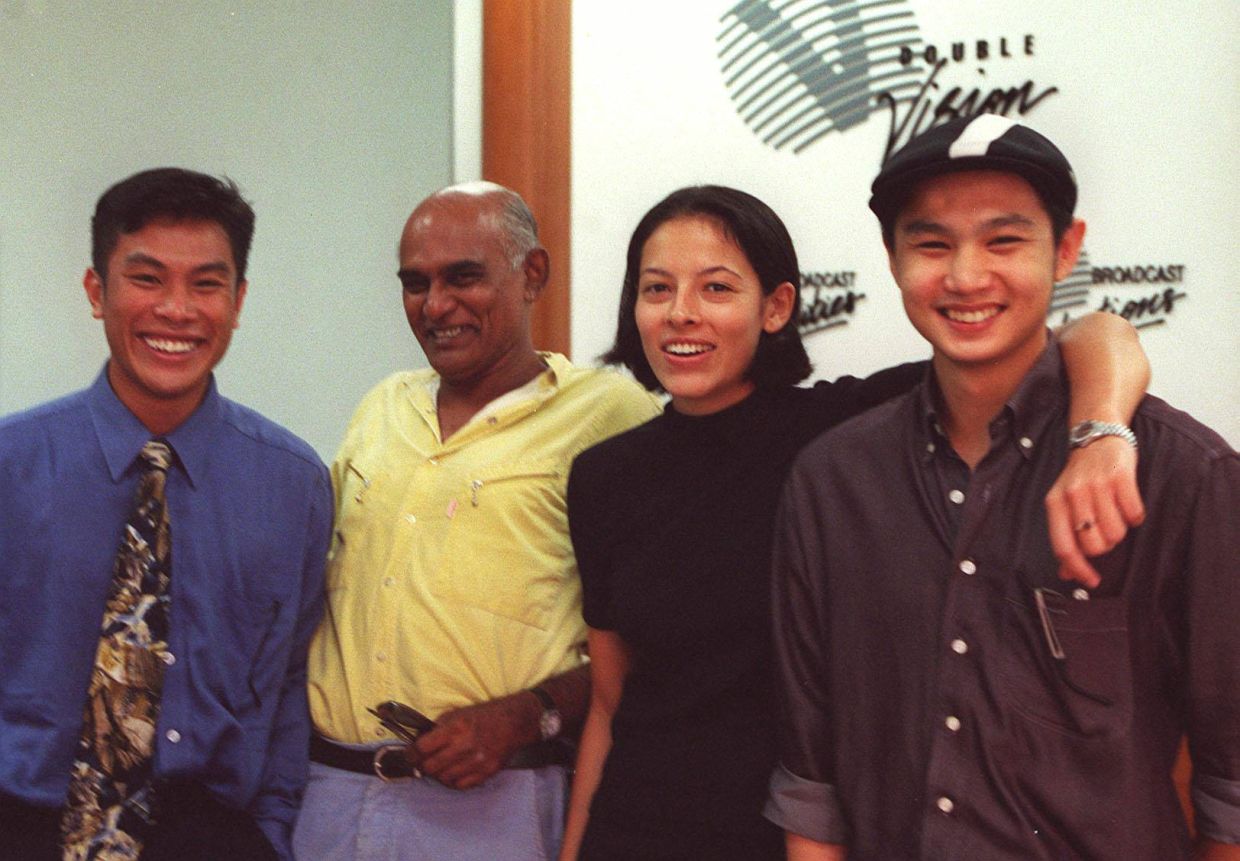 The cast of the late 1990s TV series 'Kopitiam' (from left): Rashid Salleh, Mano Maniam, Lina Teoh and Douglas Lim. Photo: The Star/Filepic 