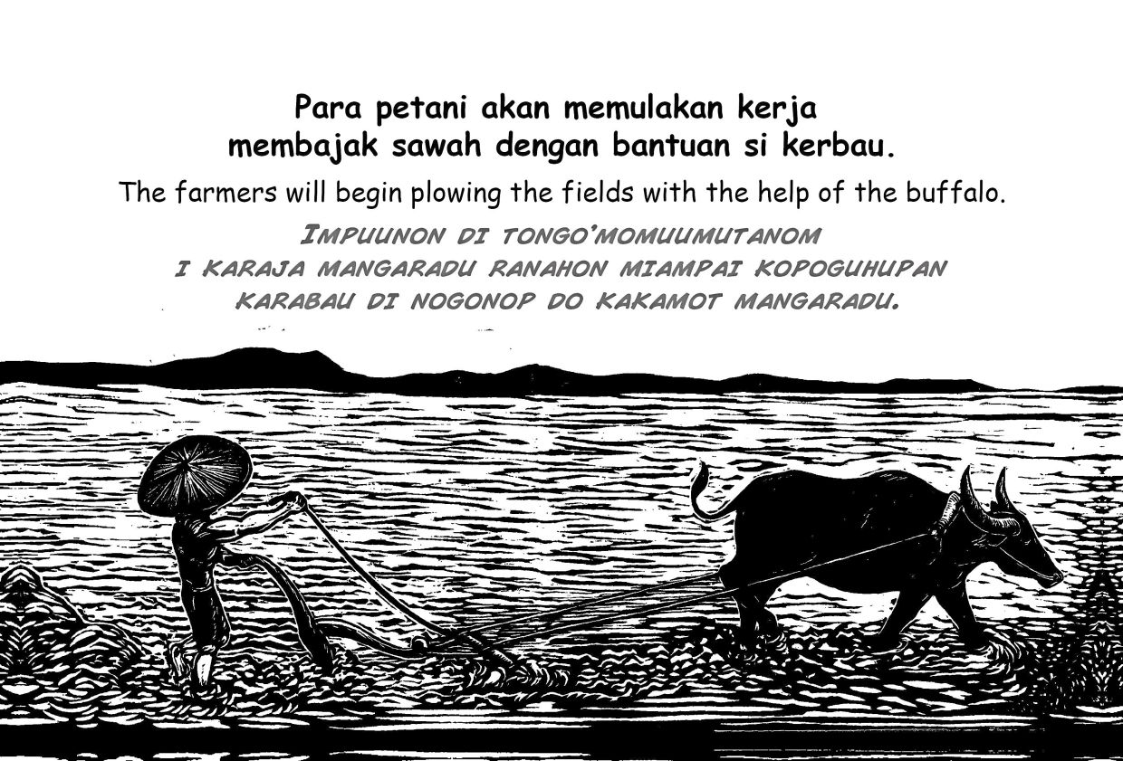 The 14-page book 'Pesta Menuai' covers the process of planting and harvesting paddy that is traditionally carried out by the entire community among the farming villages in Sabah. Photo: Rizo Leong