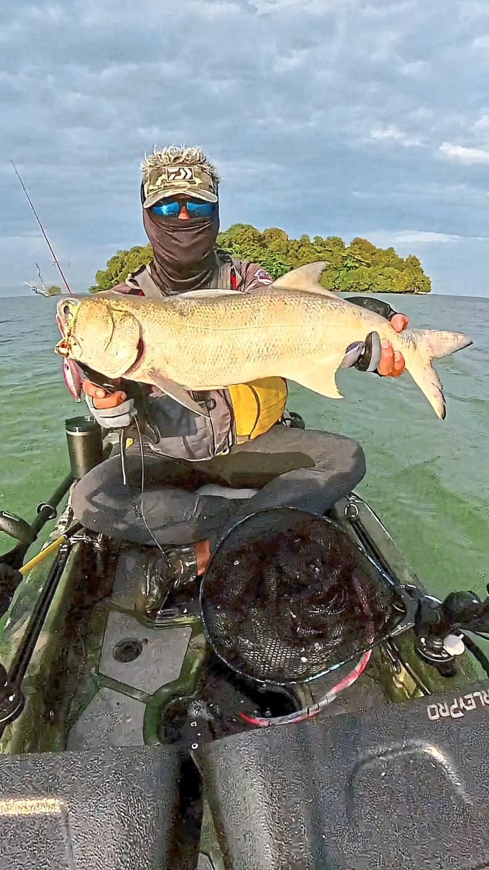 Hor holding a large four-finger threadfin (senangin).