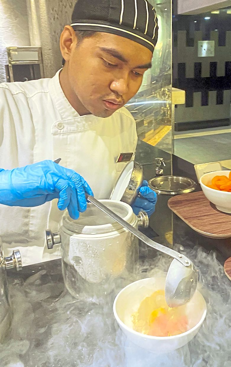 Liquid nitrogen is used to make the Cryo-poached desserts.