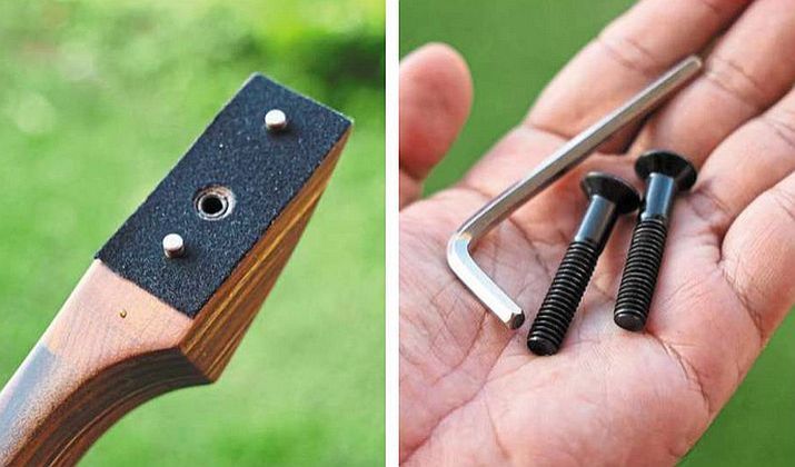 (From left) A layer of cloth is attached to the limb mount on the riser to minimise vibration and noise; a hexagon wrench and bolts are needed to set up a takedown bow.