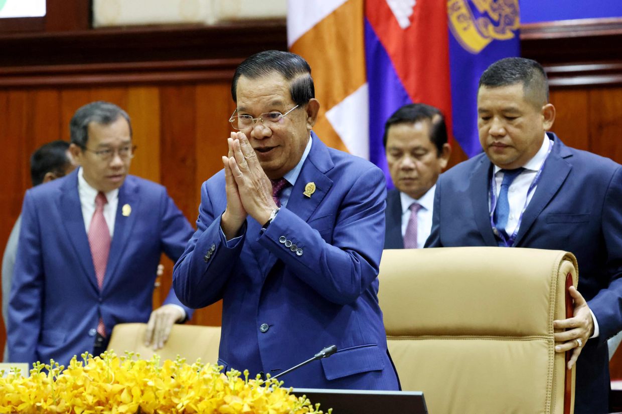 Cambodia's Senate President Hun Sen gesturing during a joint congress between the Senate and the National Assembly building in Phnom Penh. -Photo by Handout / CAMBODIA NATIONAL ASSEMBLY / AFP) 