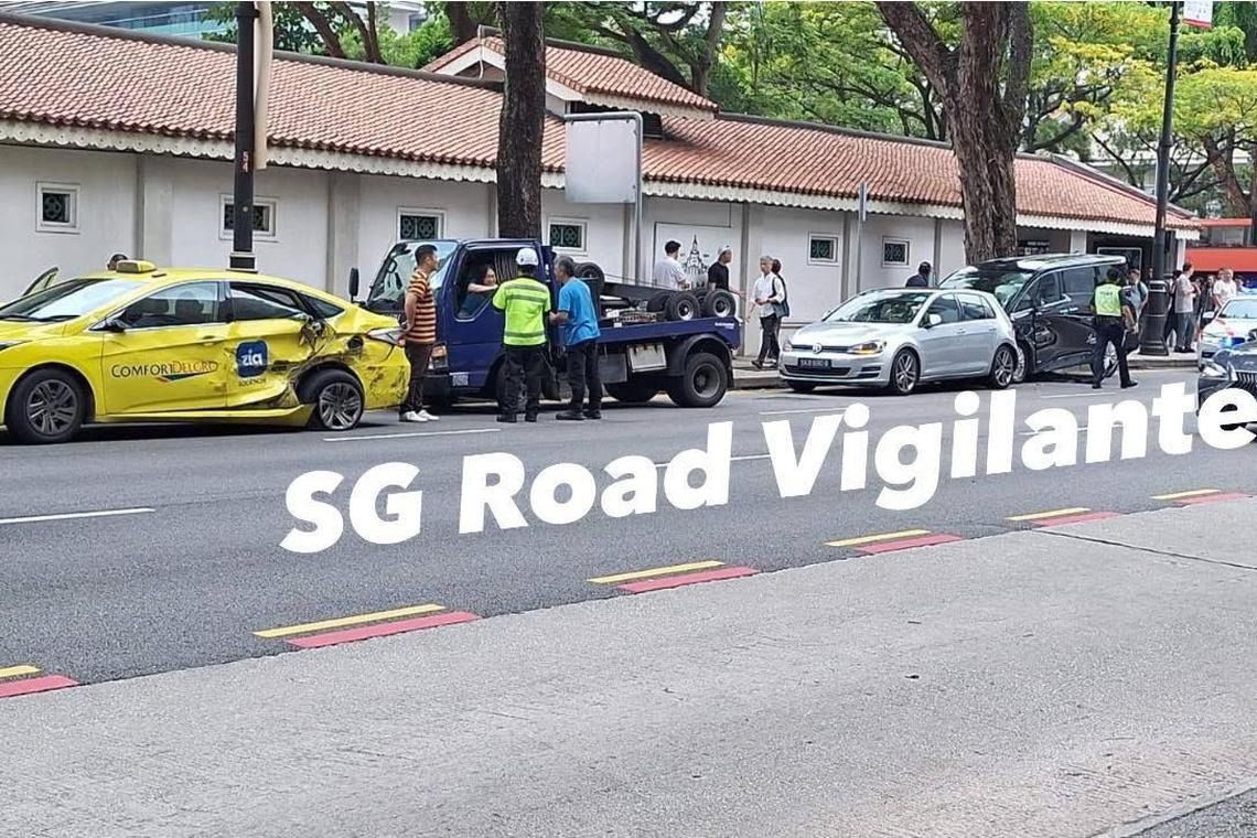 Three were taken to hospital after an 11-vehicle collision outside Chijmes, along Bras Basah Road on June 5. - Photo: SG Road Vigilante/ Facebook