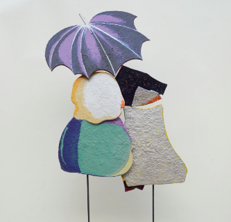 A close-up view of Wong's artwork 'Pakcik Dan Makcik' (acrylic on wood, 2025). Photo: Galeri Sasha 