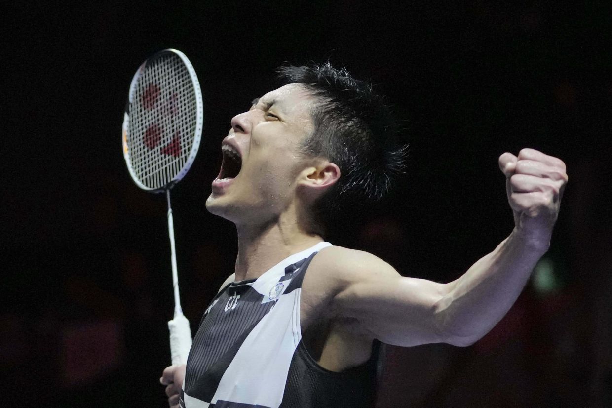Taiwan's Chou Tien Chen celebrates after wining his men's singles semifinal match against Thailand's Kunlavut Vitidsarn at Indonesia Open badminton tournament at the Istora Stadium in Jakarta, Indonesia, Saturday, June 7, 2025. -- AP Photo/Achmad Ibrahim