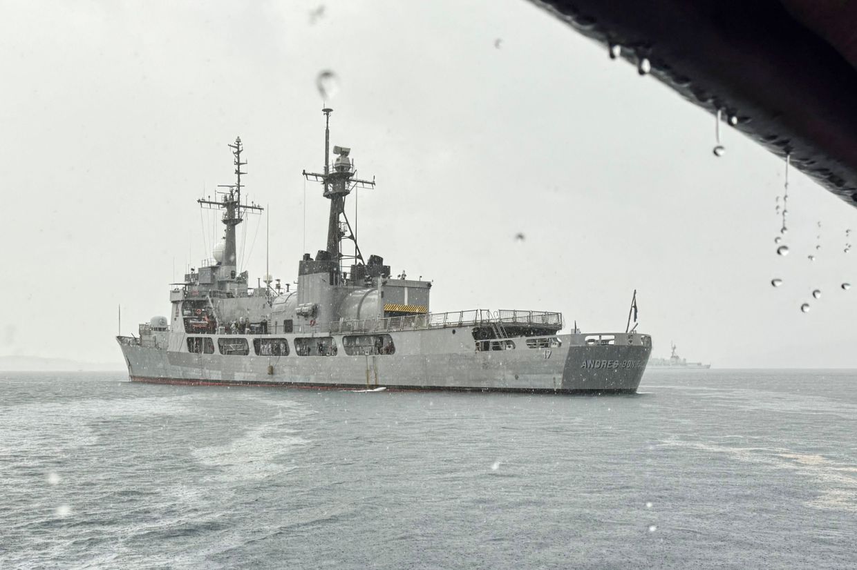 Philippine navy ship BRP Andres Bonifacio is seen anchored at Ulugan Bay in Puerto Princesa City, Palawan province, west of Manila. -- Photo by TED ALJIBE / AFP