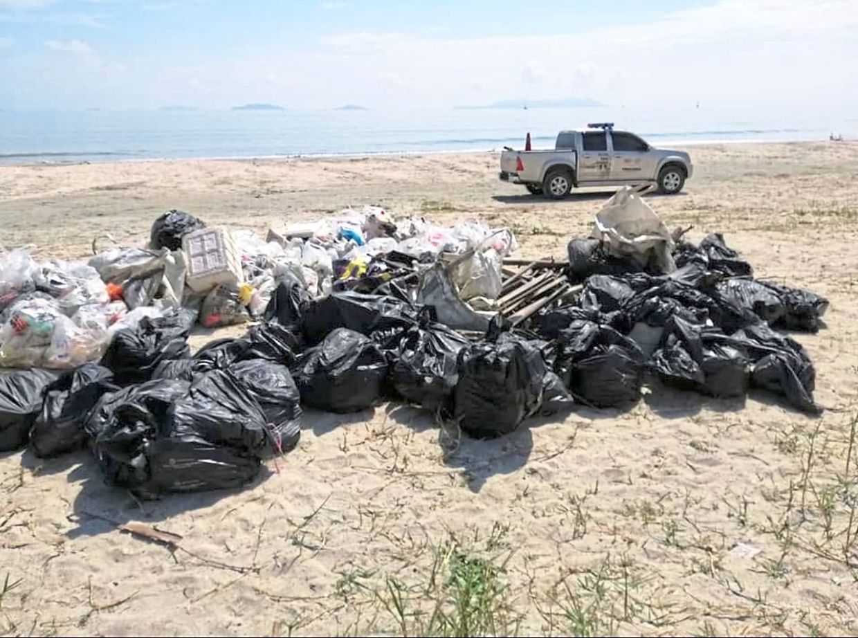 Waste collected by volunteers during a beach clean-up programme in Mersing.