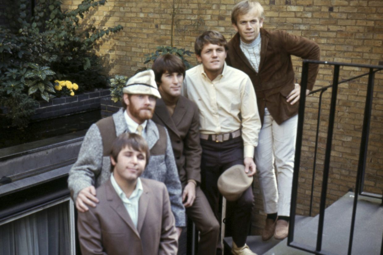 The Beach Boys, from left, Carl Wilson, Mike Love, Brian Wilson, Bruce Johnston, and Al Jardine pose for a portrait in London in November 1966. (AP Photo/Frank Tewksbury, File)