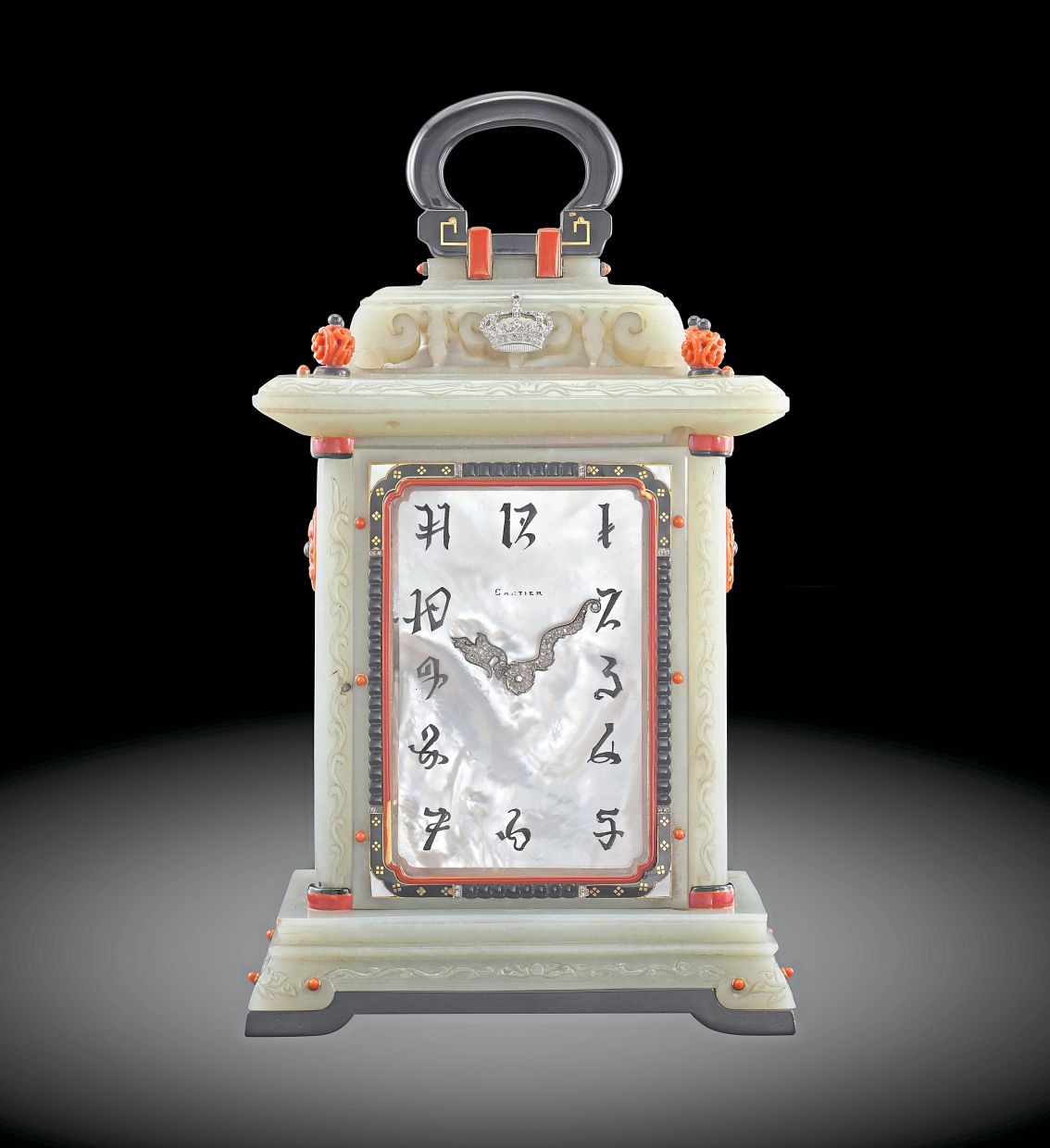 Unique Cartier illuminated nephrite lantern clock.