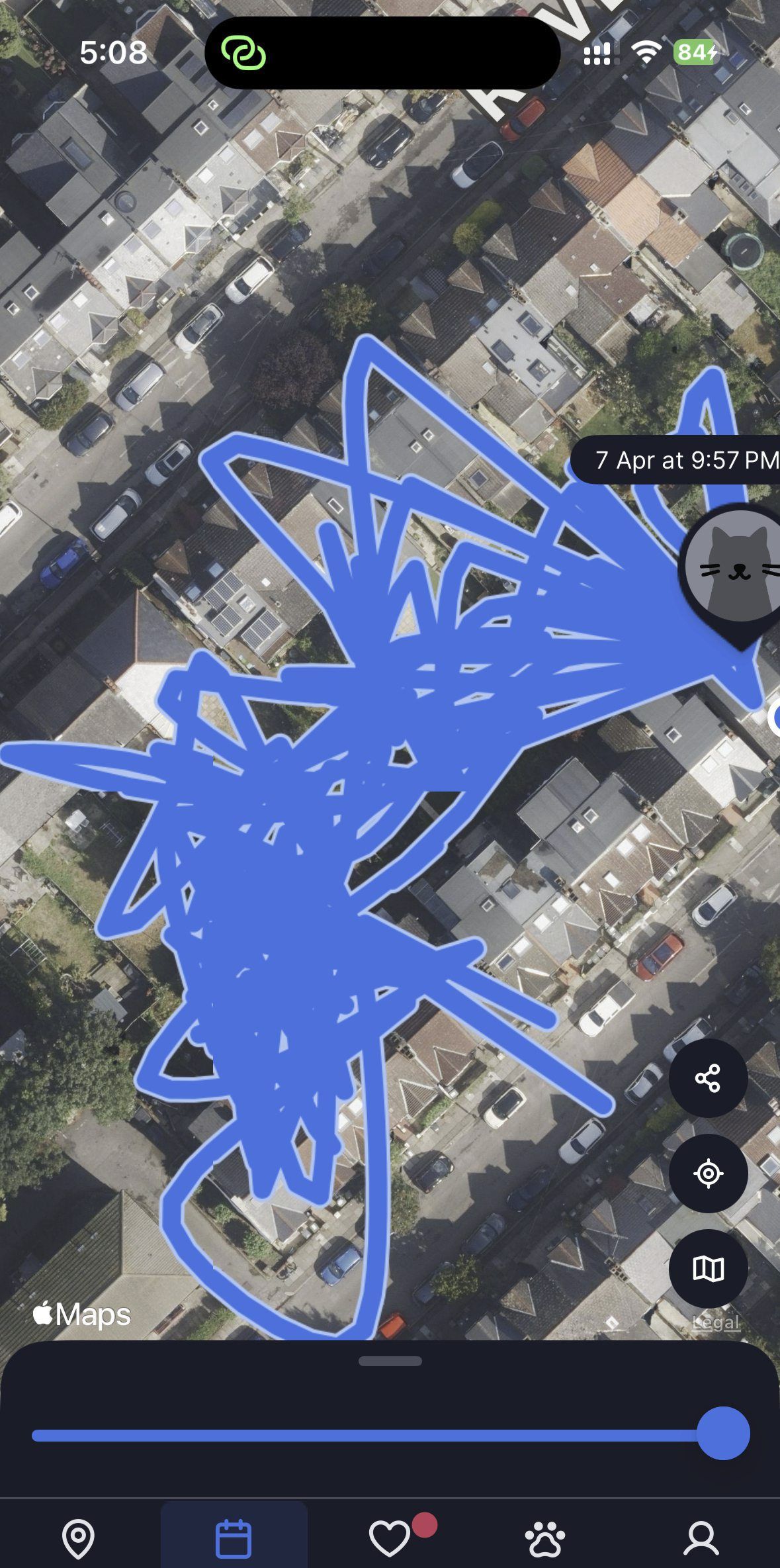A screenshot of the Tractive pet tracking app shows the path that a cat has taken in a London neighborhood in London, on May 29, 2025. — AP