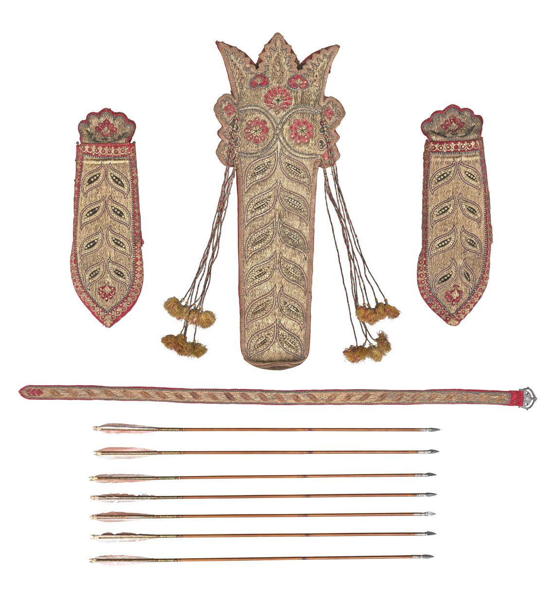 The exhibits include an embroidered quiver and arm guards, a matching belt, and seven decorated arrows from 18th-century Mysore. Photo: IAMM