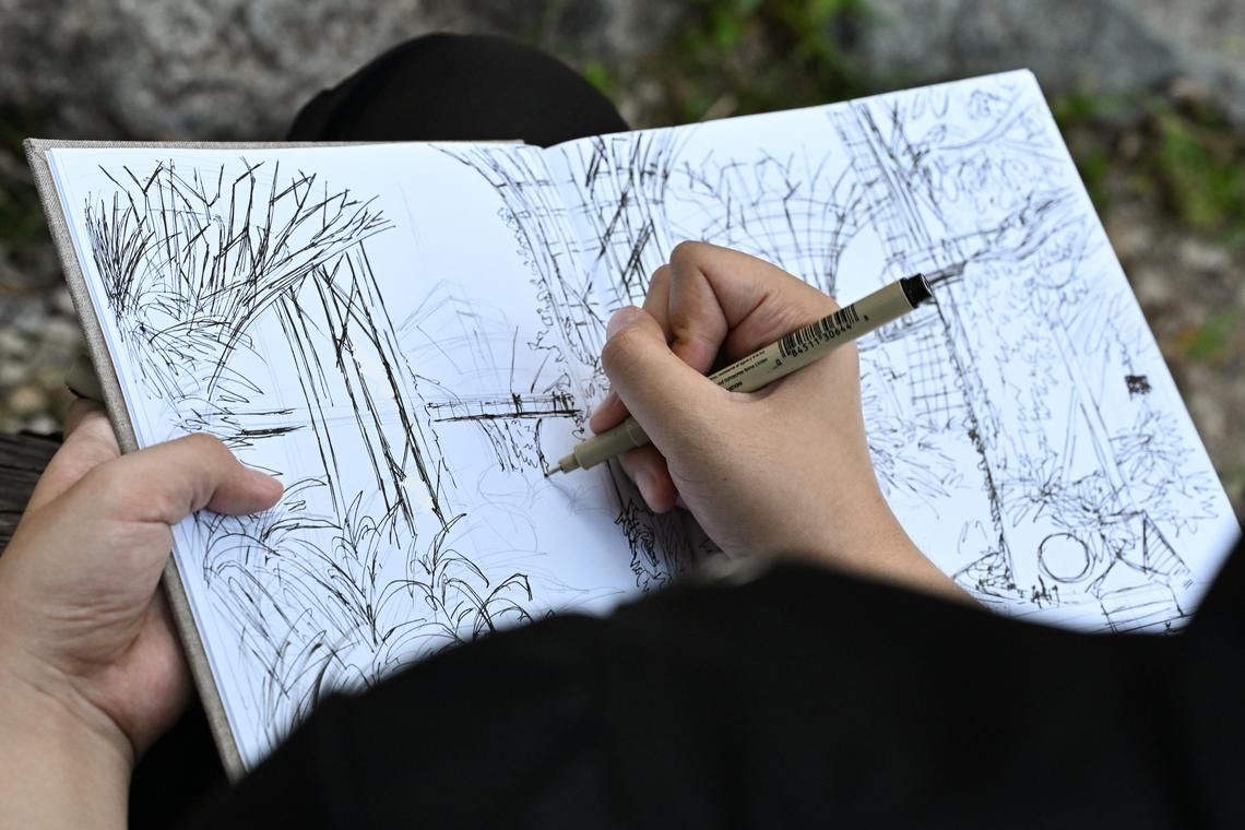 Joy Chee’s sketch of Gardens by the Bay, a location she has incorporated in her design of the event space. - Photo: ST 