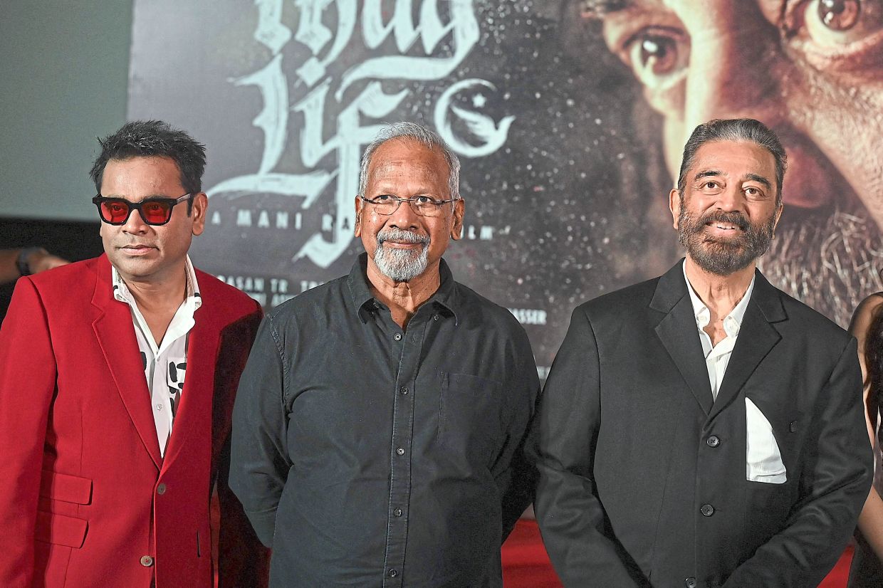 Indian music director, singer AR Rahman (left), film director Mani Ratnam (centre) and actor Kamal Haasan (right) pose as they attend a press conference for their upcoming Indian Hindi-Tamil-language gangster action-drama film 'Thug Life' in Mumbai on May 20, 2025. Photo: AFP