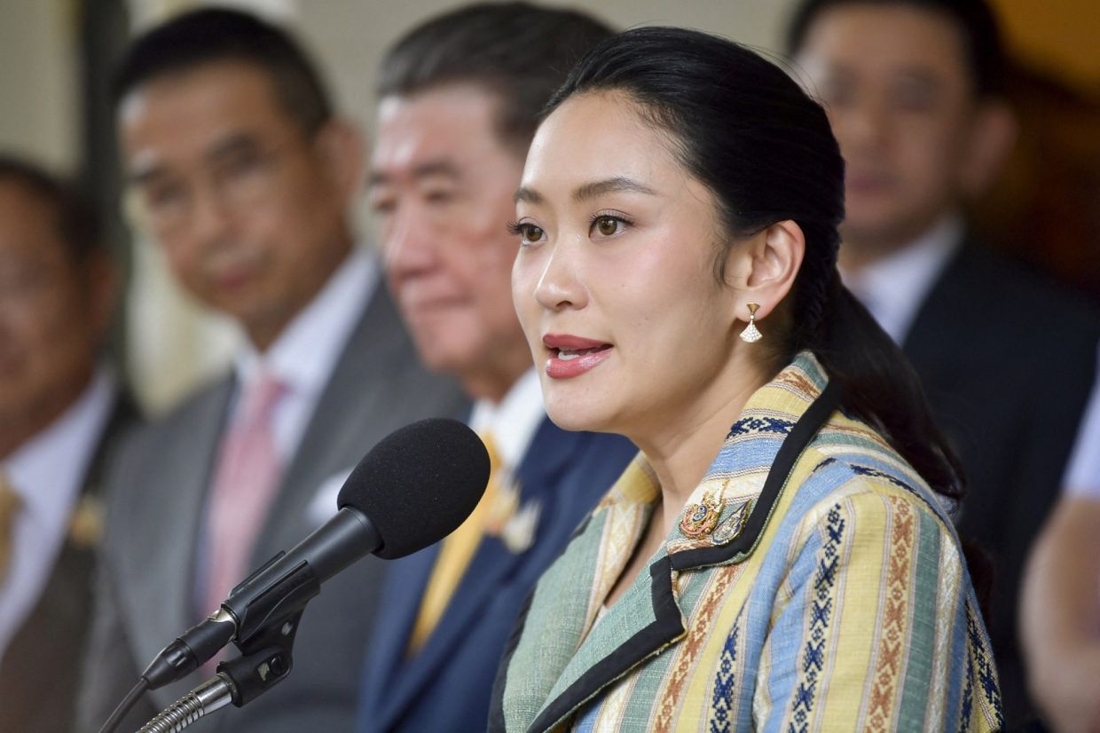 Thailand's Prime Minister Paetongtarn Shinawatra speaks during a press conference about policies to curb scam centers in Cambodia after a meeting at the Government House in Bangkok, Thailand, June 23, 2025. -- Photo: Government House of Thailand via REUTERS.