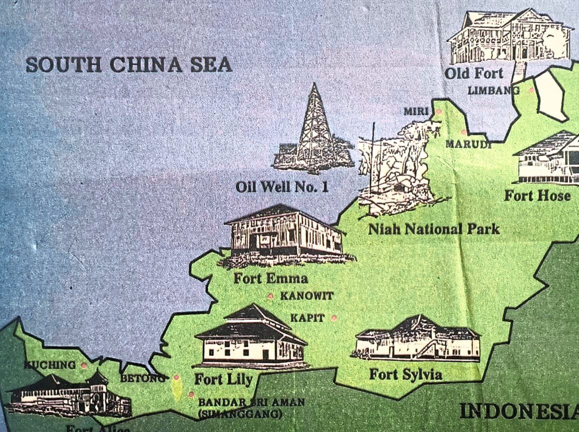 A graphic showing the location of some of the forts in Sarawak.