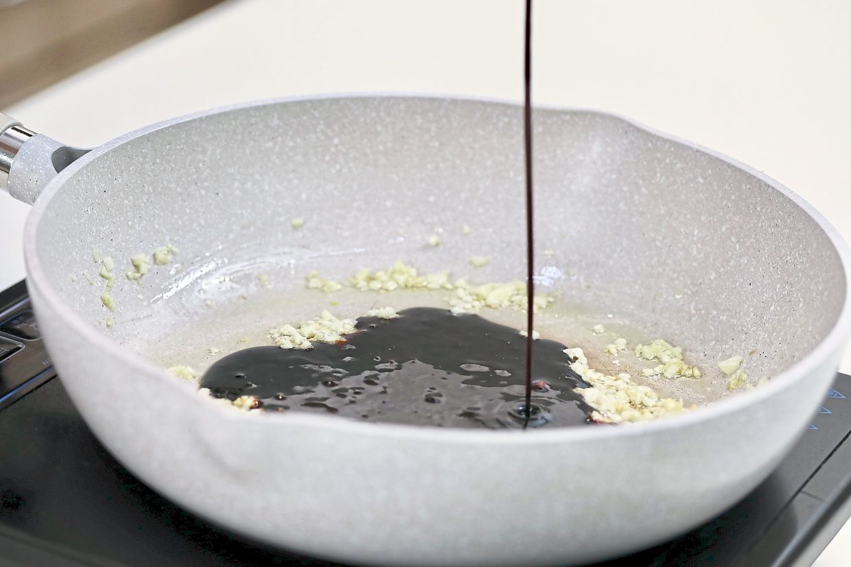 Sweet dressing is made by sauteing the ingredients and thickening with cornstarch and water.