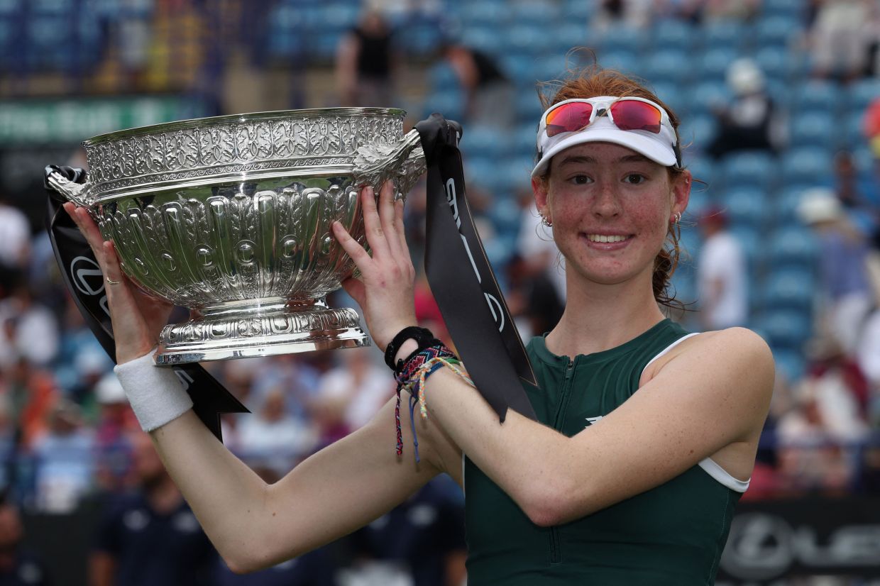 Australia's Maya Joint poses with the trophy after beating Philippines' Alexandra Eala in their women's singles final tennis match on day six of the Lexus Eastbourne International tennis tournament in Eastbourne, southern England, on Saturday, June 28, 2025. Joint won the match in three sets, 12-10 in a third set tie-break. - Photo by Adrian Dennis / AFP