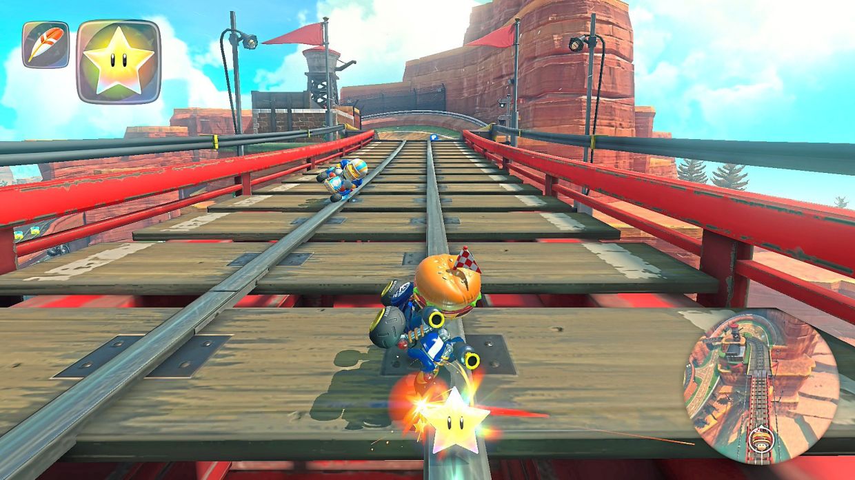 I'm not sure this is how train tracks are meant to be used, but Mario Kart World lets you do it anyway.