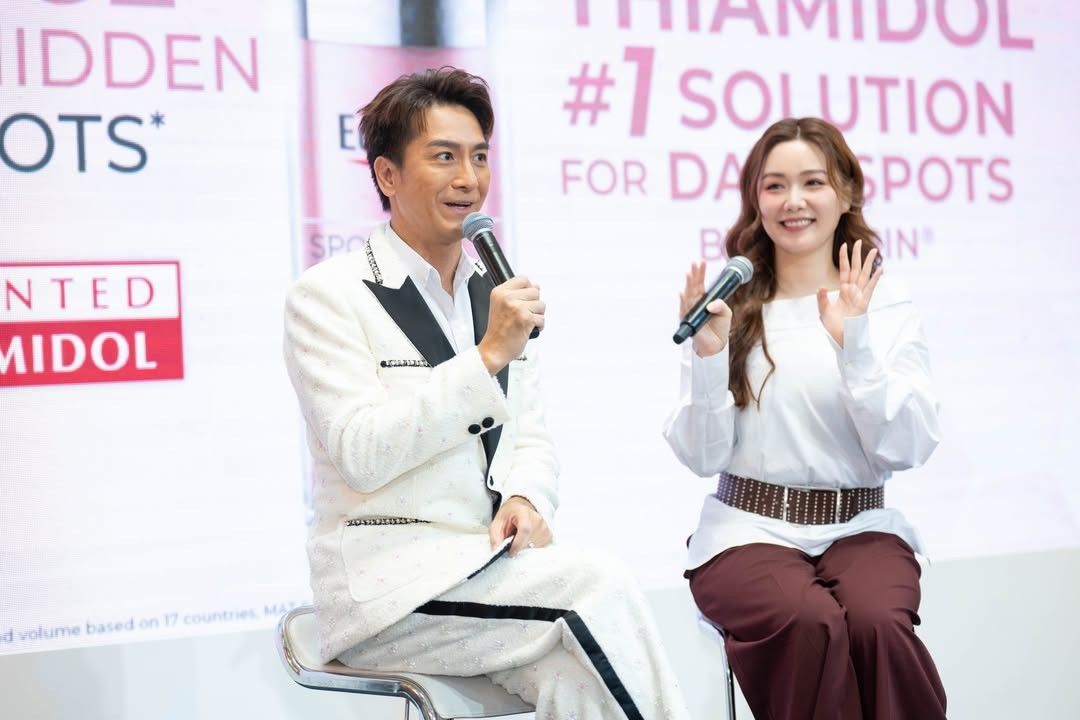 Kenneth Ma and Roxanne Tong talking to the crowd in Malaysia. Photo: Eucerin/Instagram