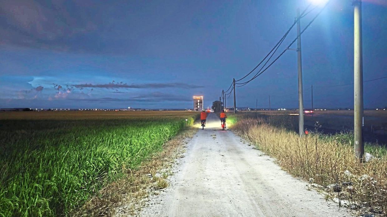 Two cyclists ride back through the paddy fields under a velvet night sky.