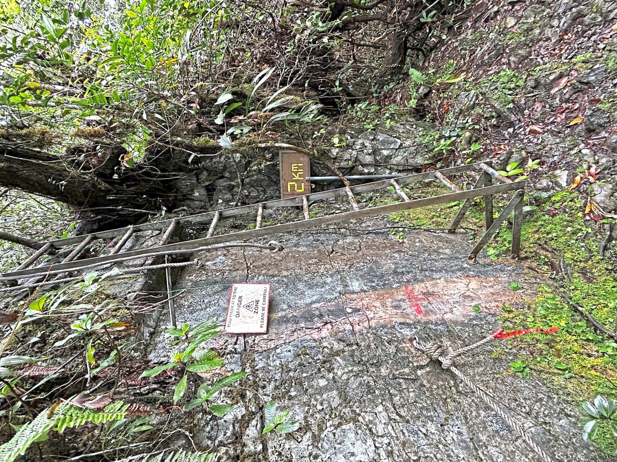 One of the 17 metal ladders on the Pinnacles route is bolted into the cliffside.