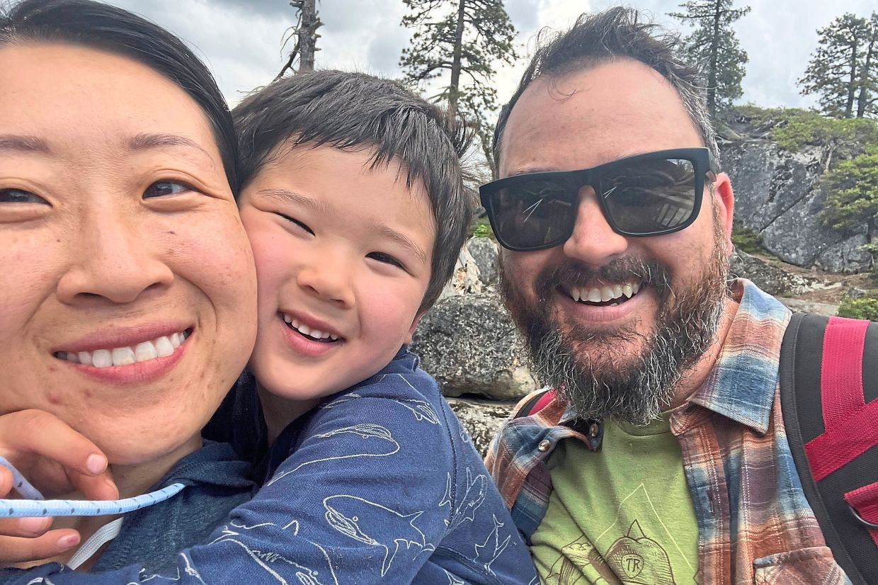 (From left) Yu, with her son Teddy Vucurevich and husband Daniel Vucurevich in the Stanislaus National Forest near Sonora, California. Photo: PHOEBE YU/AP