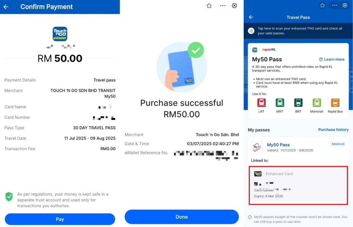 Once paid, users can check their My50 pass status in the 'Travel Pass' mini program.