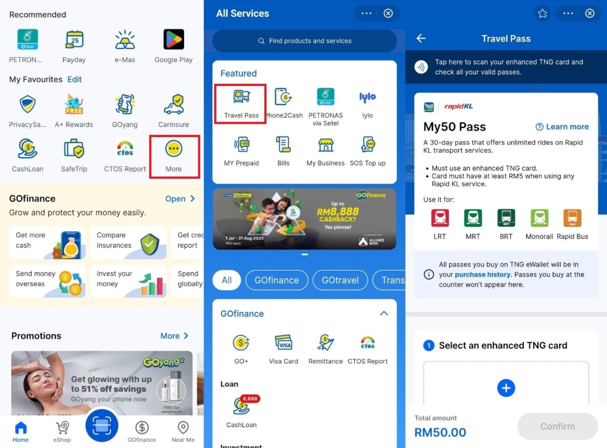 Once users are logged in and have completed the eKYC process, they can start by navigating to the 'Travel Pass' mini program. — Screenshots from TNG eWallet app