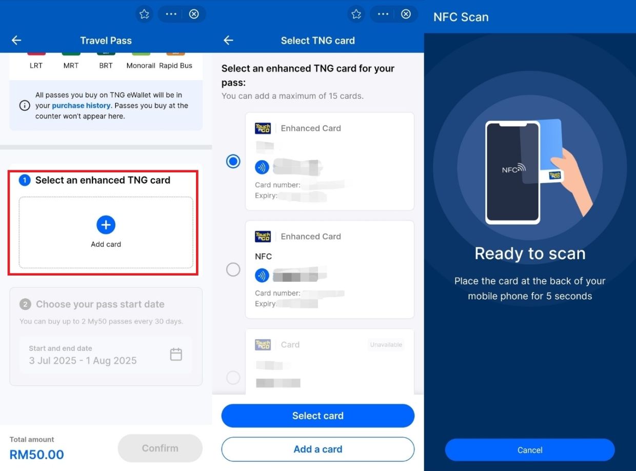 Users can pick from the Enhanced TNG cards they have already added, or link a new one to their TNG eWallet account.