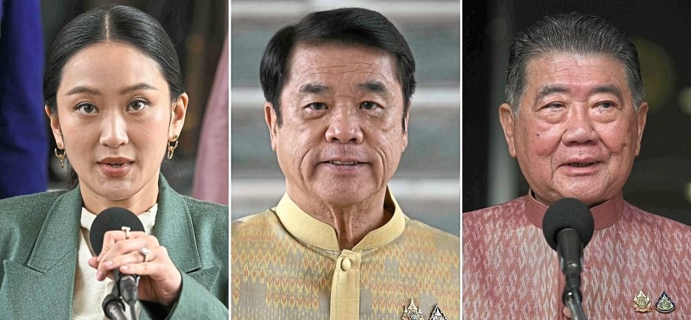 Leadership switch-up: Suriya (centre) and Phumtham’s appointments follow Paetongtarn’s (left) suspension over an ethics violation. — AFP