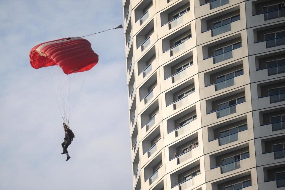 A Red Lion preparing to land in the Padang during the Jump of Unity at the second National Education Show for National Day Parade on July 5. -- ST PHOTO: MARK CHEONG