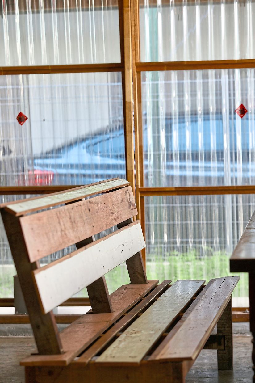Recycled wood is used for furniture at Haikaa Canteen in Tanjung Sepat.