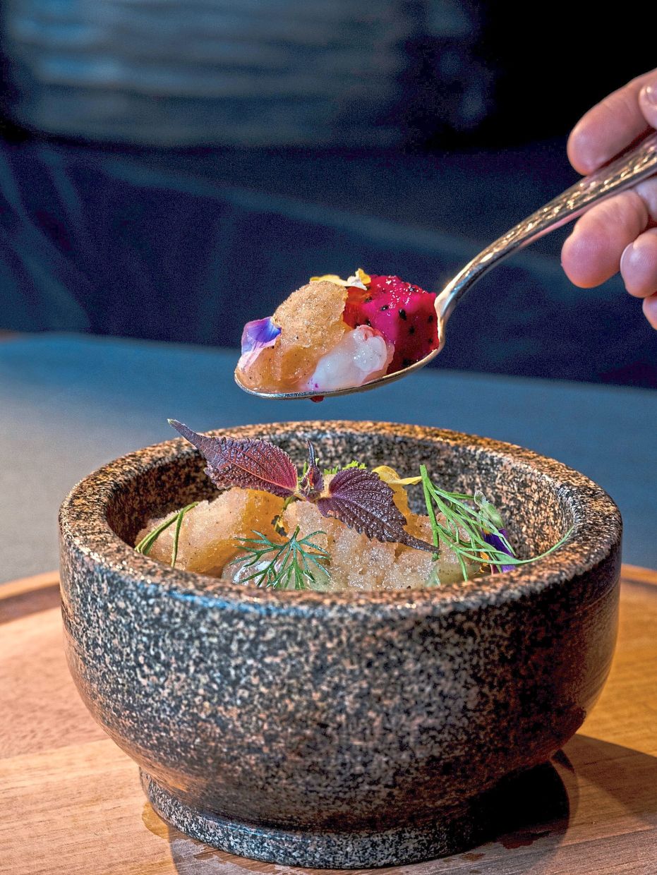 Botan Ebi with Ceviche Granita is a refreshing cold dish.