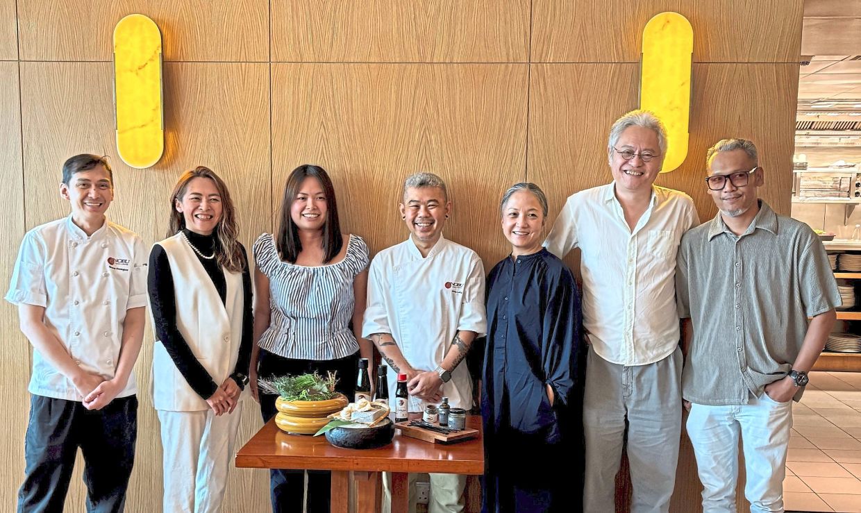 Nobu KL head sushi chef Renante Dominguez (left) and Leong (centre) with representatives of the four artisan producers (from second left) Ejima, Chia, A Little Farm On The Hill co-owners Lisa Ngan and Teo, and Mohamad Feisal.