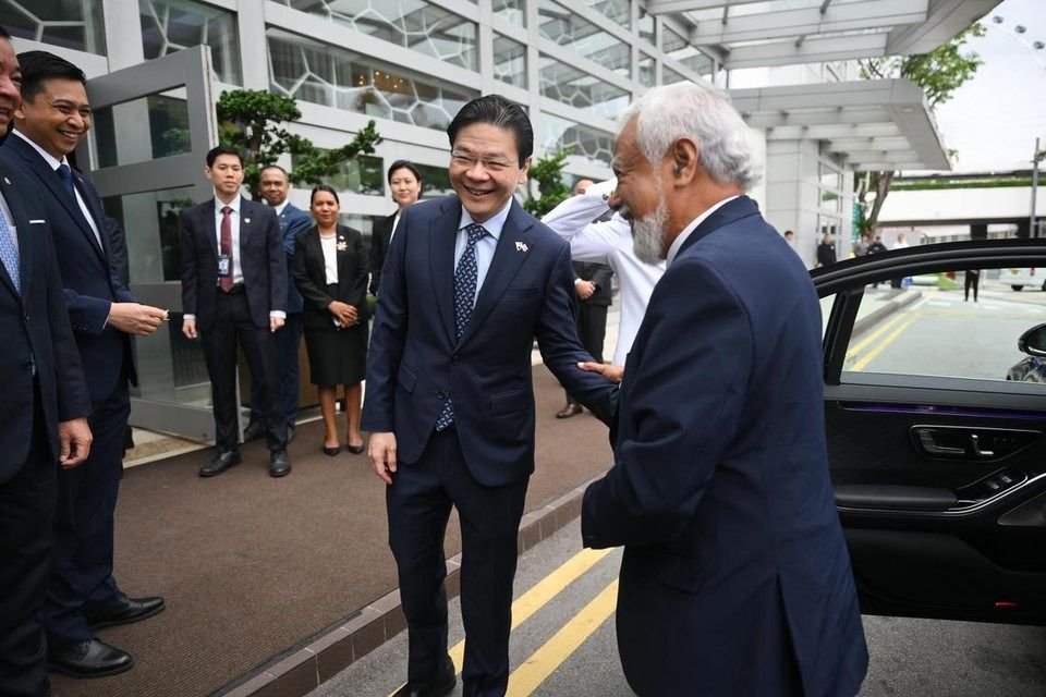 Prime Minister of the Democratic Republic of Timor-Leste Xanana Gusmao (right) was hosted to an official lunch by Prime Minister Lawrence Wong at Pan Pacific Singapore on July 13. -- ST PHOTO: SHINTARO TAY
