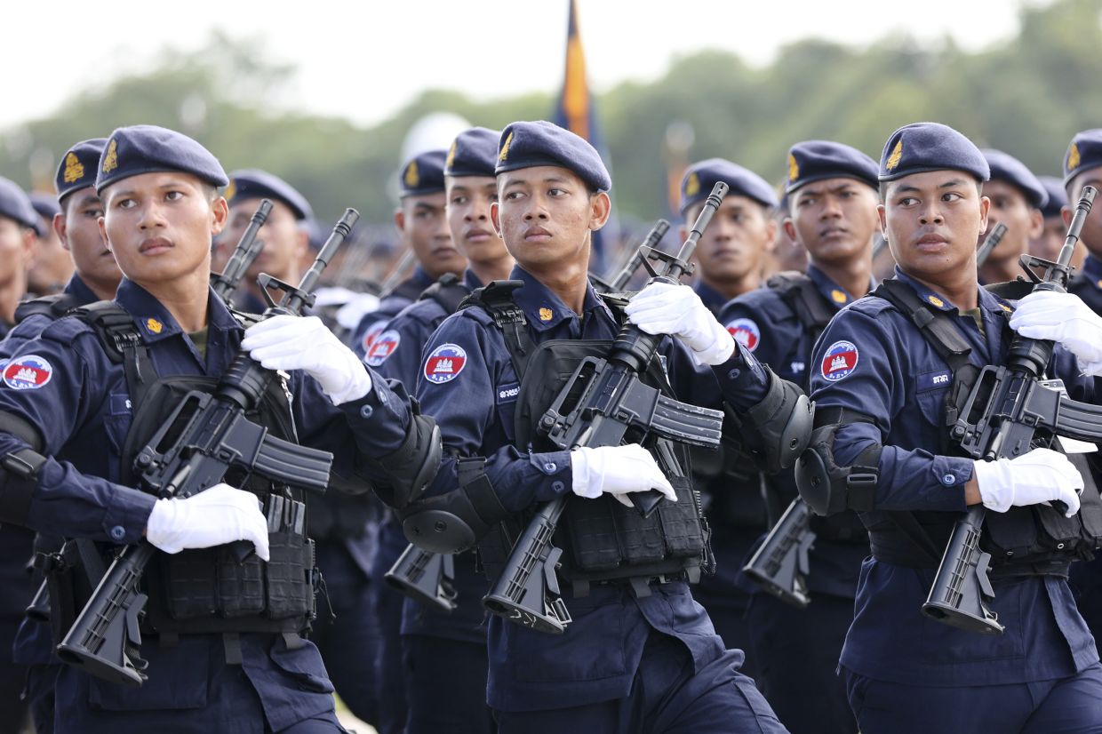 Cambodian troop perform during ceremony to put in used the military building in northern Kampong Chhnang province, Monday, July 14, 2025. -- AKP via AP