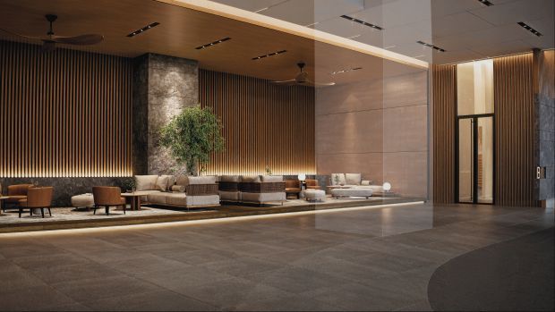 An artist’s impression: The welcoming lobby at Luminar Residence reflects Federal Avenue’s modern urban living.