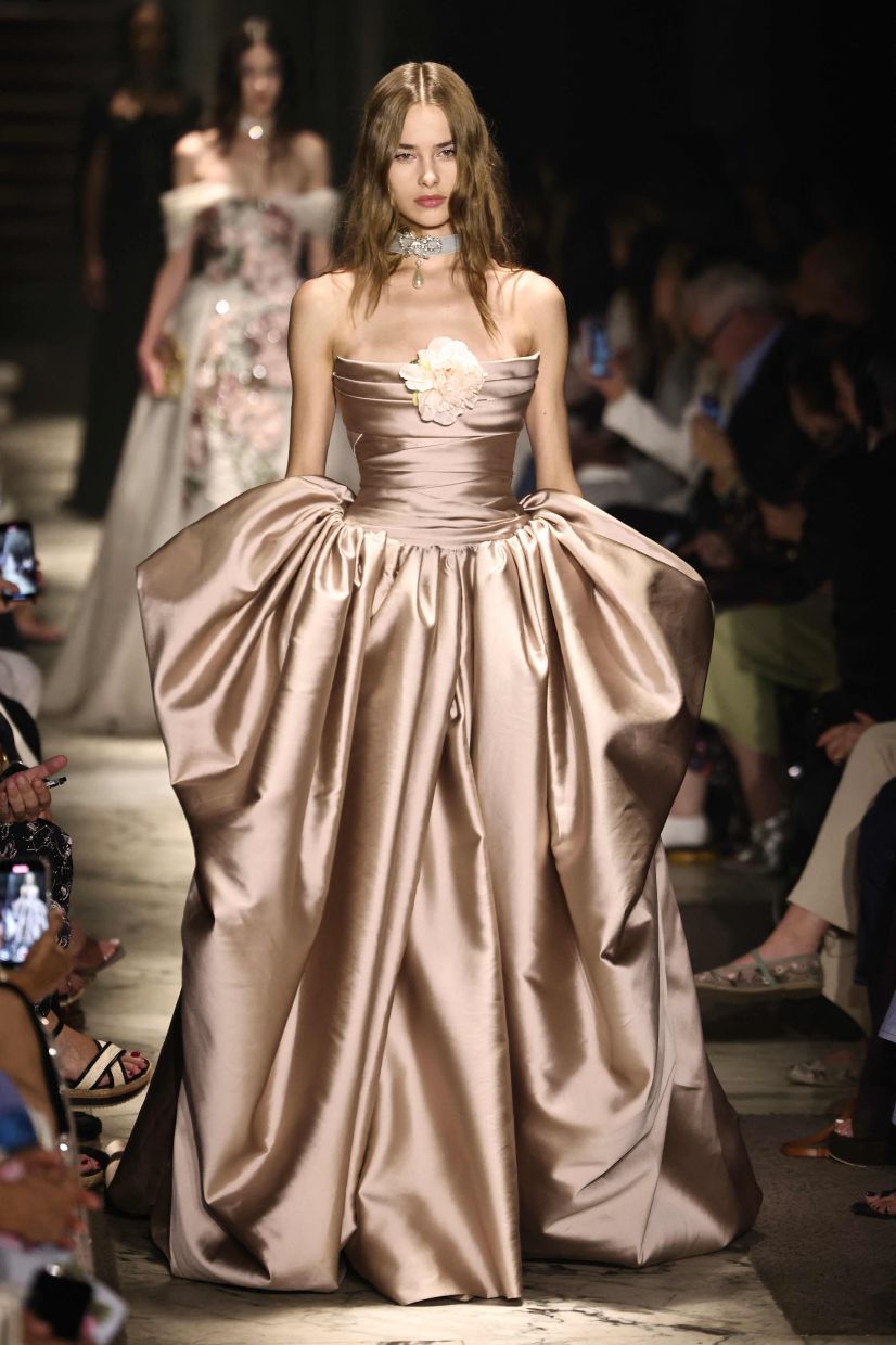 Elie Saab evokes romantic silhouettes from the turn of the 19th century in Europe. Photo: AFP