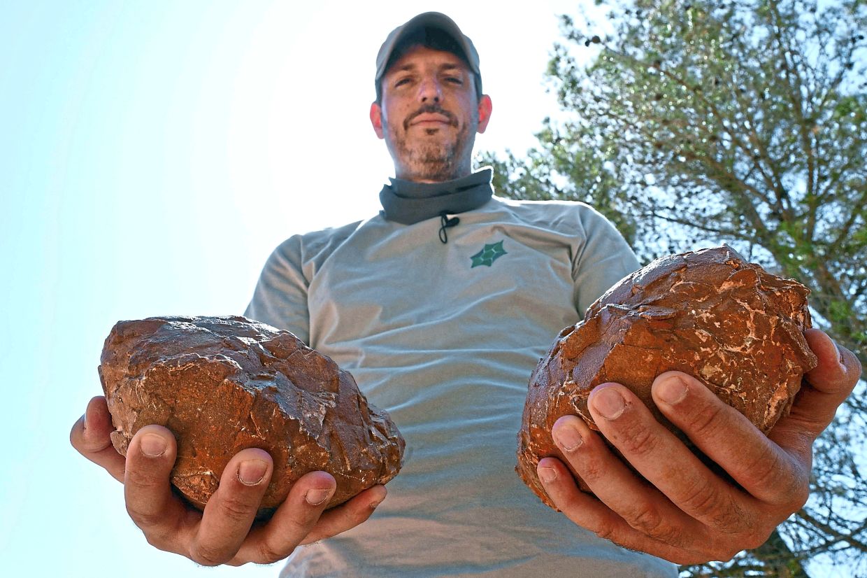 Tortosa showing dinosaur eggs found at the site. — AFP
