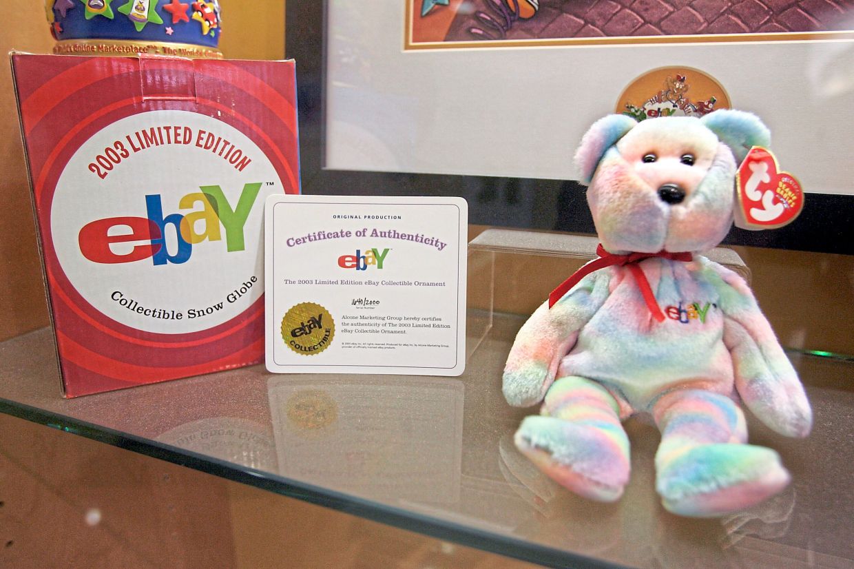 An authentic Beanie Baby is seen on display at eBay's San Jose, California headquarters.— PAUL SAKUMA/AP