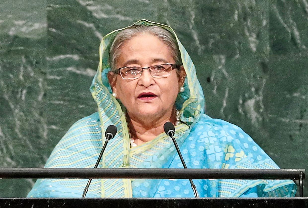 FILE - Bangladesh Prime Minister Sheikh Hasina addresses the United Nations General Assembly at the U.N. headquarters, in New York, Sept. 21, 2017. (AP Photo/Frank Franklin II, File)