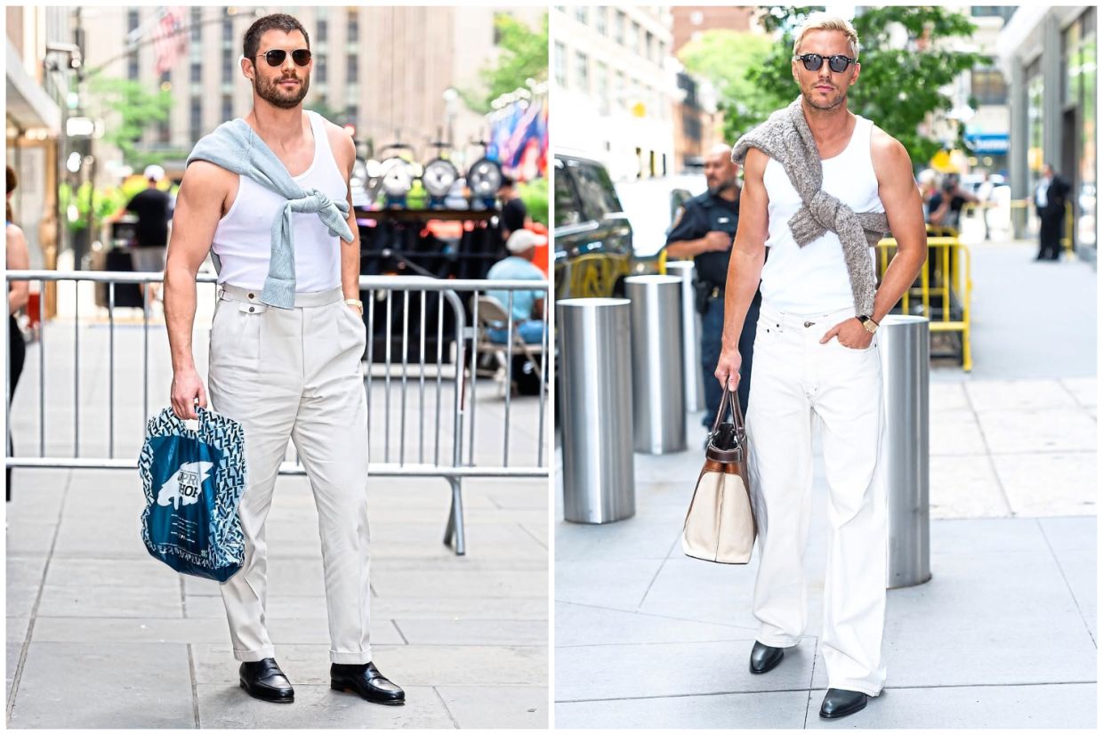 David Corenswet (left) and Nicholas Hoult were spotted in similar outfits comprising a white tank top. Photos: Handout