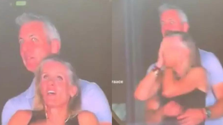 When the couple realised they were on the Jumbotron, the man instantly ducked, and the woman put her hands over her face and turned around. Photos: TikTok screengrab