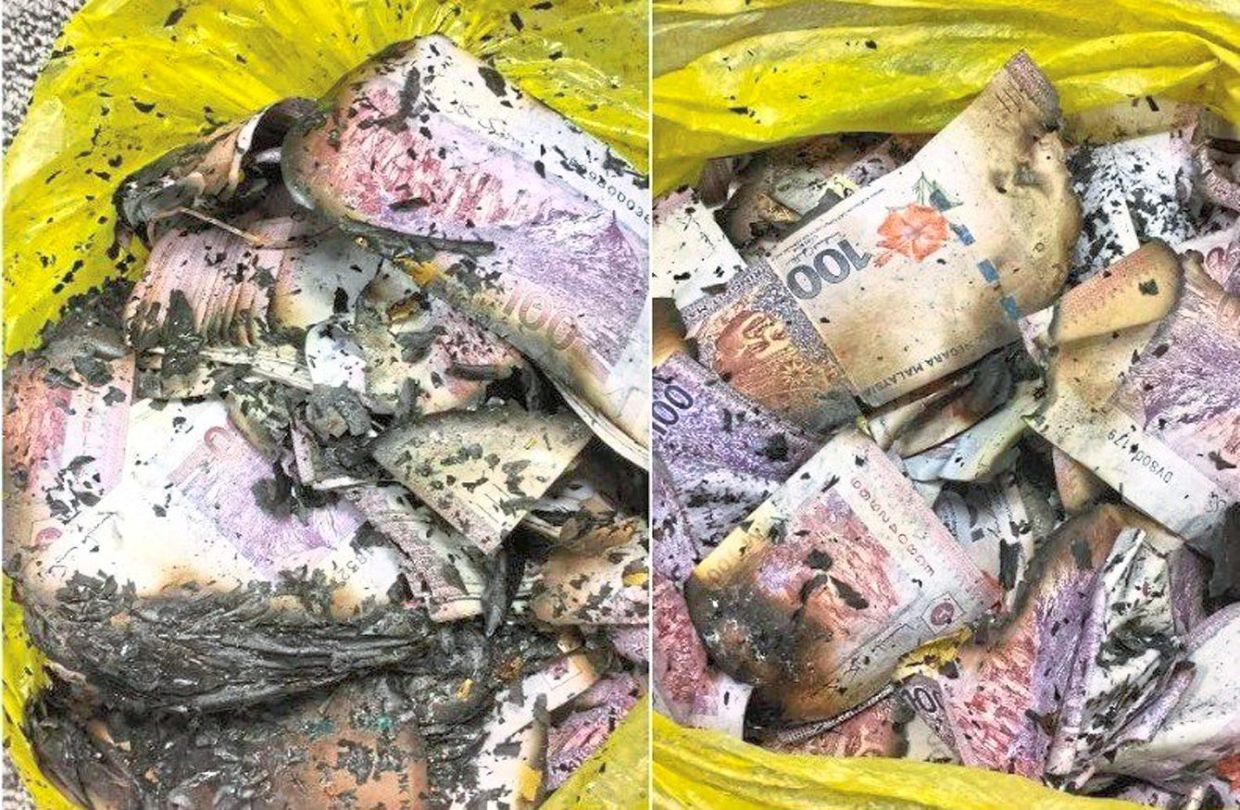 Charred cash: The burnt stacks of RM100 notes found after the accused attempted to destroy evidence linked to suspected involvement in bribery. — Bernama