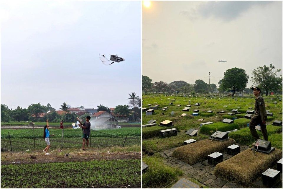 People seen flying kites at a paddy field which is located within 15km of Jakarta’s Soekarno-Hatta international airport's flight operations safety area, a strictly controlled red zone. - Photo: ST