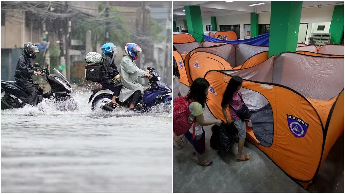 Rains induced by Crising flood the streets and displace thousands in Metro Manila on Saturday. In Quezon City, Banawe Street goes underwater while an evacuation center takes in families at Amoranto Stadium. - Photo: Grig C. Montegrande, Robert Jaworski Abaño