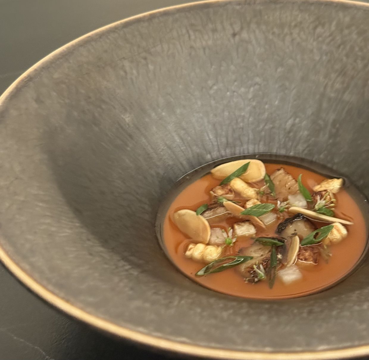 The Soy Milk Custard with pickled daikon and a caramelised onion soup.